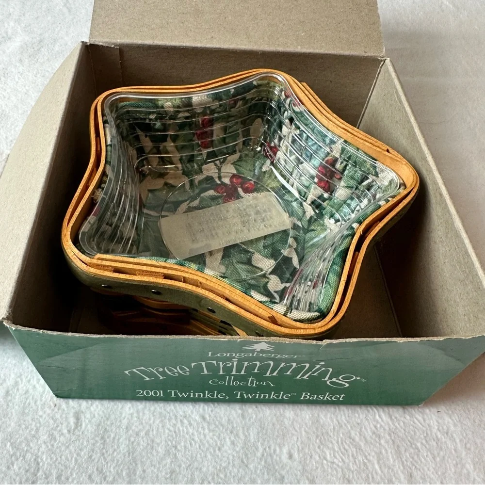 Longaberger 2001 Tree Trimming Star Basket Green Fabric Liner Plastic Protector